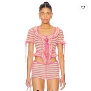 GUIZIO Ruffle Knit Tie Top in Lime & Berry Pink and Yellow Striped